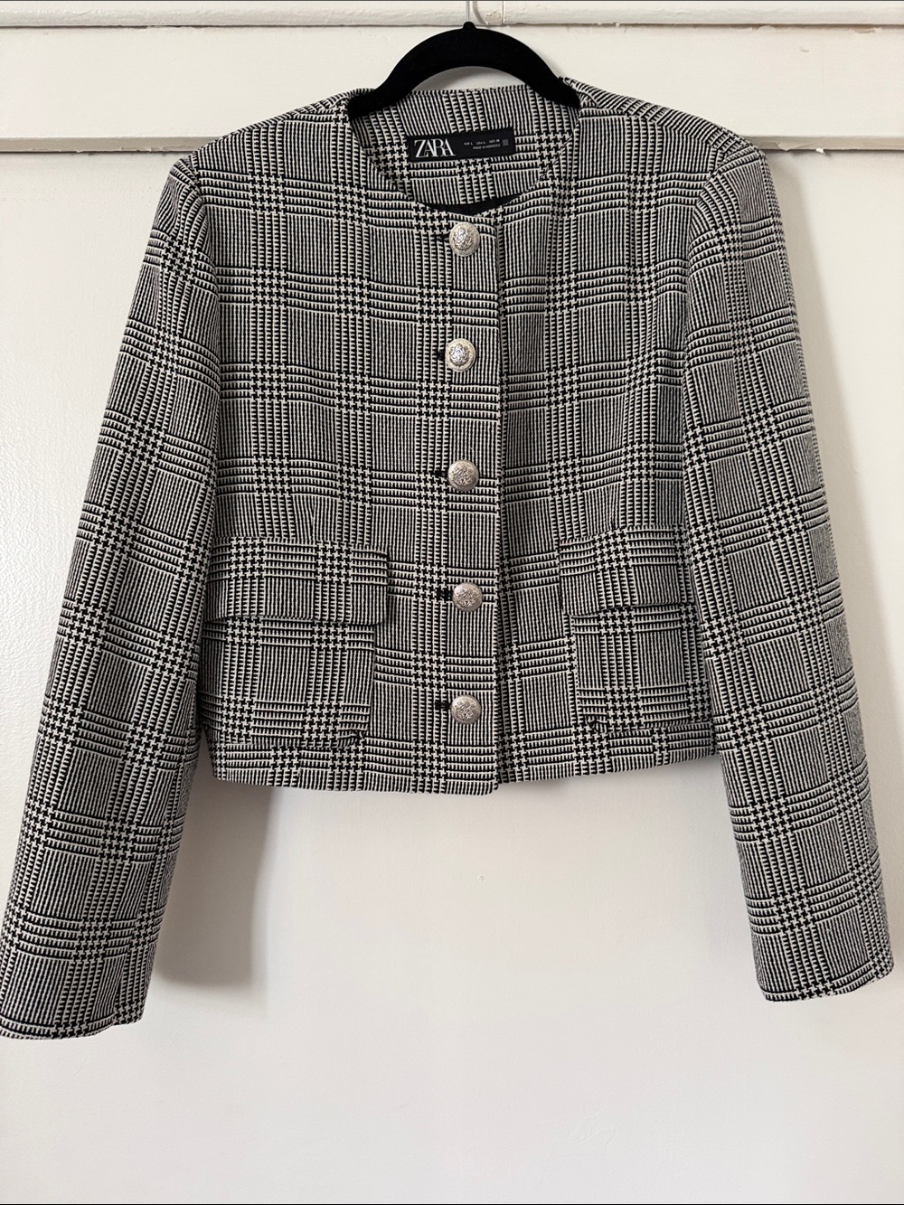 Zara Black & White Glen Plaid Cropped Jacket Blazer Metal Buttons Large